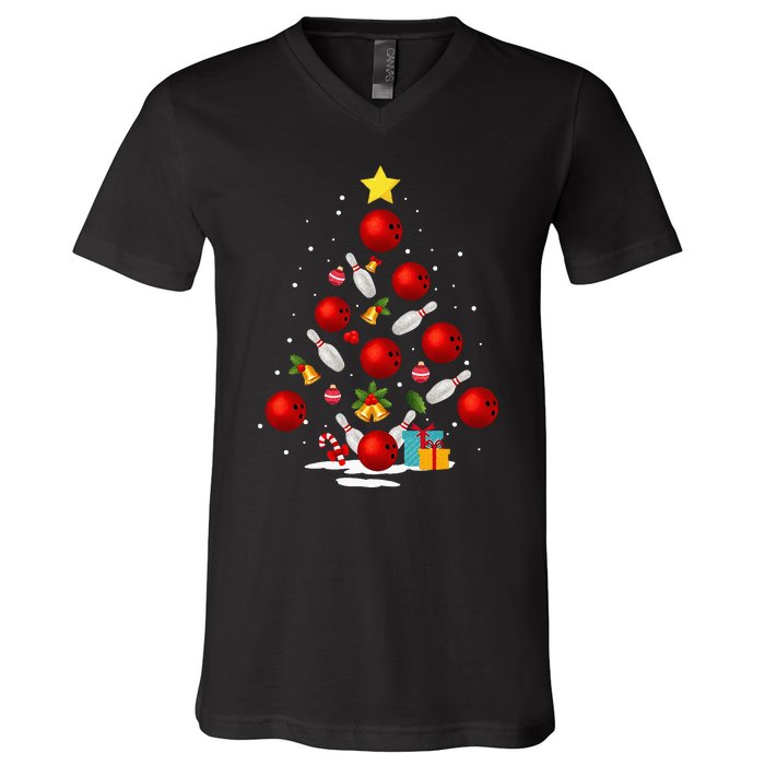 Funny Bowling Christmas Tree Lights Xmas Gifts V-Neck T-Shirt