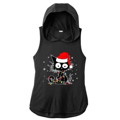 Funny Black Cat Christmas Lights Santa Hat Xmas Ladies PosiCharge Tri-Blend Wicking Draft Hoodie Tank