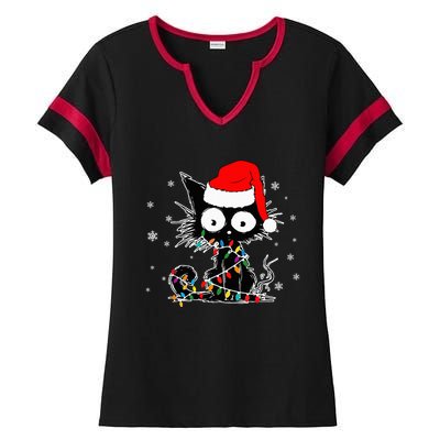 Funny Black Cat Christmas Lights Santa Hat Xmas Ladies Halftime Notch Neck Tee