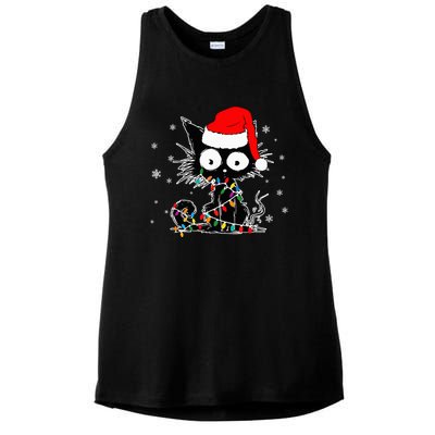 Funny Black Cat Christmas Lights Santa Hat Xmas Ladies PosiCharge Tri-Blend Wicking Tank