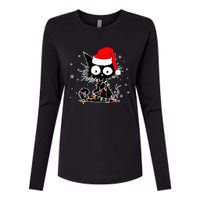 Funny Black Cat Christmas Lights Santa Hat Xmas Womens Cotton Relaxed Long Sleeve T-Shirt