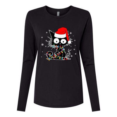 Funny Black Cat Christmas Lights Santa Hat Xmas Womens Cotton Relaxed Long Sleeve T-Shirt