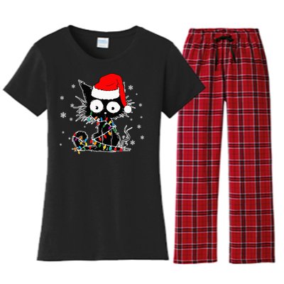 Funny Black Cat Christmas Lights Santa Hat Xmas Women's Flannel Pajama Set