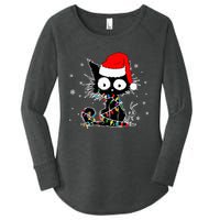 Funny Black Cat Christmas Lights Santa Hat Xmas Women's Perfect Tri Tunic Long Sleeve Shirt