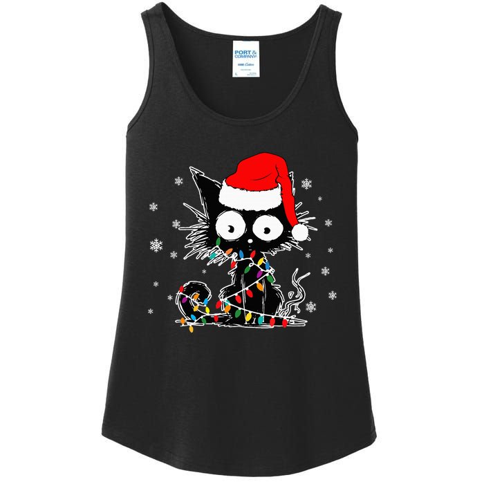 Funny Black Cat Christmas Lights Santa Hat Xmas Ladies Essential Tank