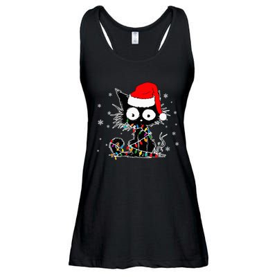 Funny Black Cat Christmas Lights Santa Hat Xmas Ladies Essential Flowy Tank