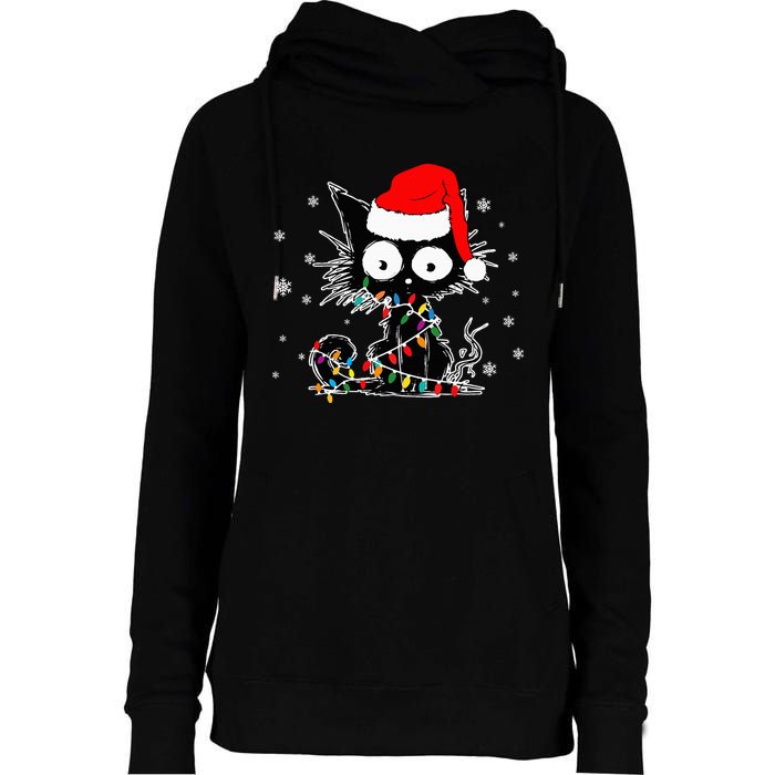 Funny Black Cat Christmas Lights Santa Hat Xmas Womens Funnel Neck Pullover Hood