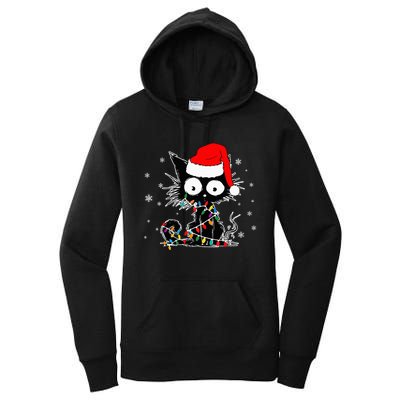 Funny Black Cat Christmas Lights Santa Hat Xmas Women's Pullover Hoodie