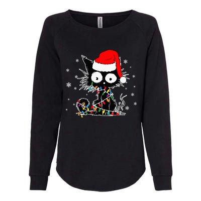 Funny Black Cat Christmas Lights Santa Hat Xmas Womens California Wash Sweatshirt