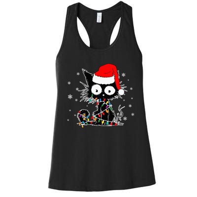 Funny Black Cat Christmas Lights Santa Hat Xmas Women's Racerback Tank