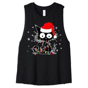 Funny Black Cat Christmas Lights Santa Hat Xmas Women's Racerback Cropped Tank