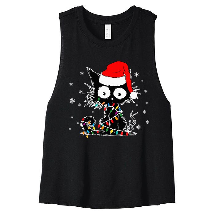 Funny Black Cat Christmas Lights Santa Hat Xmas Women's Racerback Cropped Tank