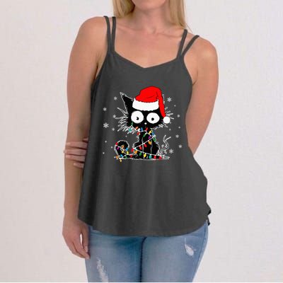 Funny Black Cat Christmas Lights Santa Hat Xmas Women's Strappy Tank