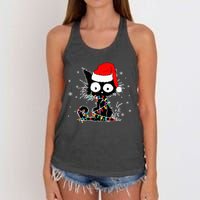 Funny Black Cat Christmas Lights Santa Hat Xmas Women's Knotted Racerback Tank