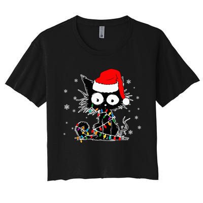 Funny Black Cat Christmas Lights Santa Hat Xmas Women's Crop Top Tee