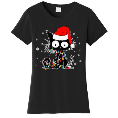 Funny Black Cat Christmas Lights Santa Hat Xmas Women's T-Shirt