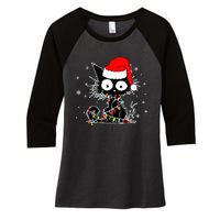 Funny Black Cat Christmas Lights Santa Hat Xmas Women's Tri-Blend 3/4-Sleeve Raglan Shirt