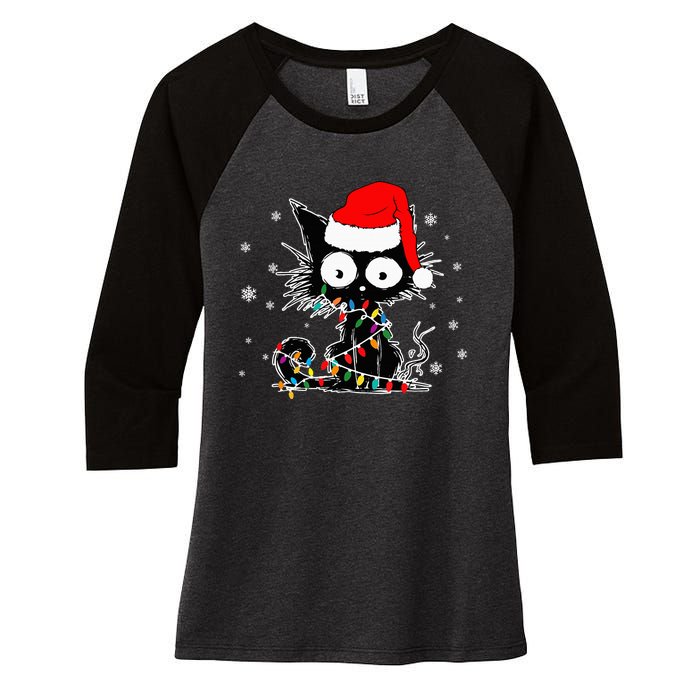 Funny Black Cat Christmas Lights Santa Hat Xmas Women's Tri-Blend 3/4-Sleeve Raglan Shirt