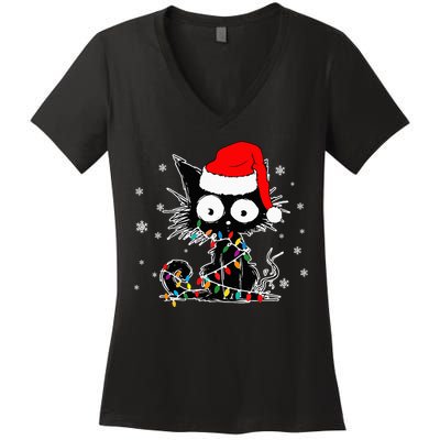 Funny Black Cat Christmas Lights Santa Hat Xmas Women's V-Neck T-Shirt