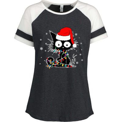 Funny Black Cat Christmas Lights Santa Hat Xmas Enza Ladies Jersey Colorblock Tee