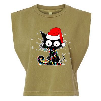 Funny Black Cat Christmas Lights Santa Hat Xmas Garment-Dyed Women's Muscle Tee