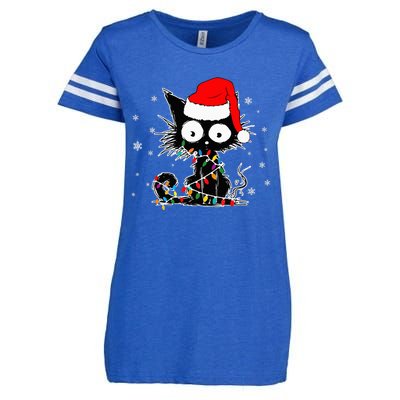 Funny Black Cat Christmas Lights Santa Hat Xmas Enza Ladies Jersey Football T-Shirt