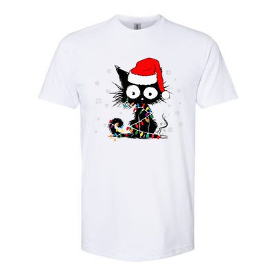 Funny Black Cat Christmas Lights Santa Hat Xmas Softstyle® CVC T-Shirt