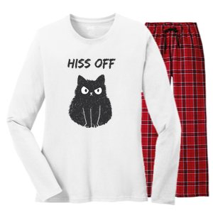 Funny Black Cat Hiss Off Meow Cat Moody People Sassy Person Women's Long Sleeve Flannel Pajama Set 