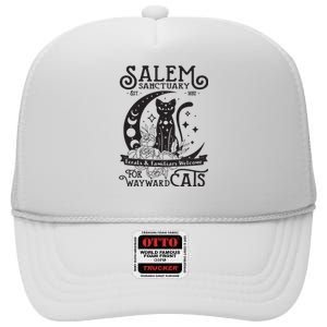 Funny Black Cat Salem Home For Wayward Cats Halloween Witch Long Sleeve High Crown Mesh Back Trucker Hat