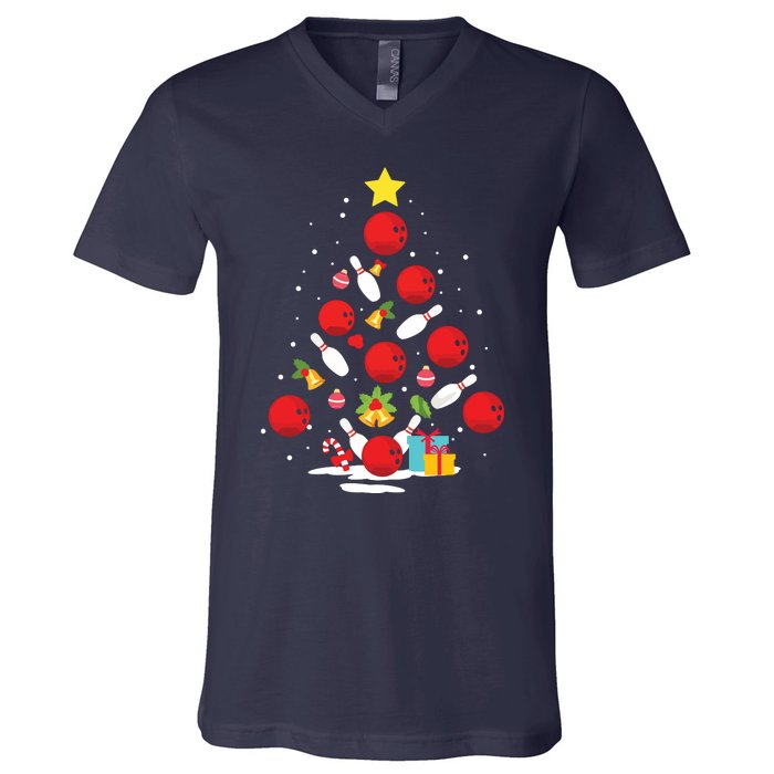 Funny Bowling Christmas Tree Lights Xmas Gifts For Men Women V-Neck T-Shirt