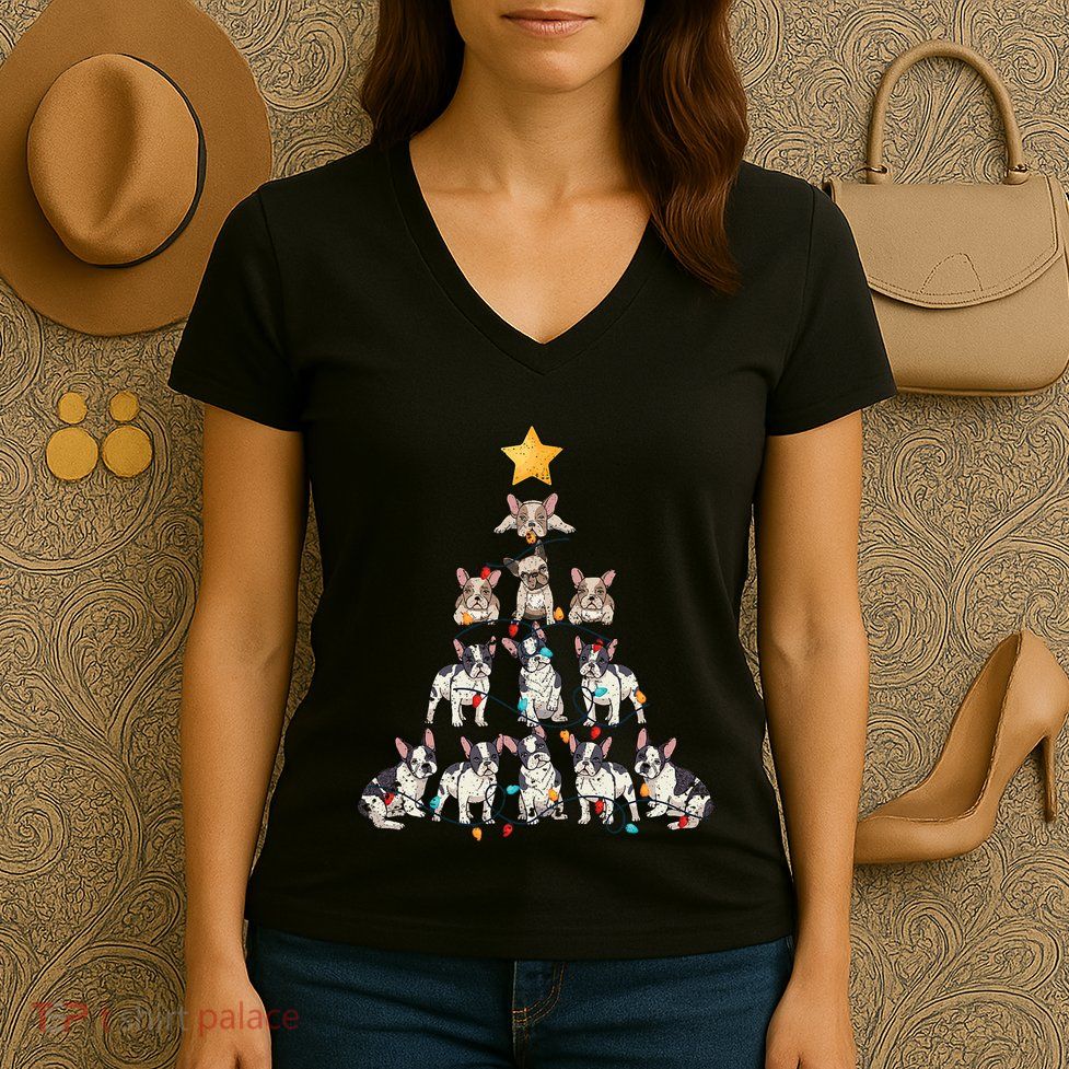 French Bulldog Christmas Tree Frenchie Dog Xmas Pjs Pajamas Women's V-Neck T-Shirt