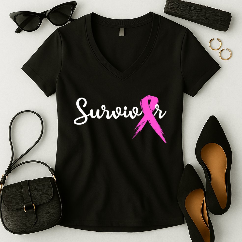 Funny Breast Cancer Awareness Pink Ribbon Survivor Women's V-Neck T-Shirt