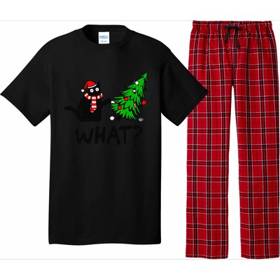 Funny Black Cat Gift Pushing Christmas Tree Over Cat What Pajama Set