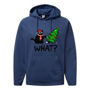 Funny Black Cat Gift Pushing Christmas Tree Over Cat What Performance Fleece Hoodie