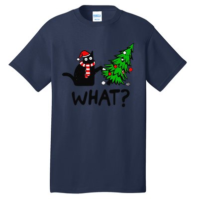 Funny Black Cat Gift Pushing Christmas Tree Over Cat What Tall T-Shirt