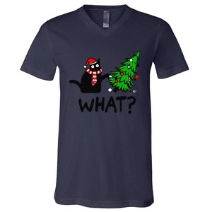 Funny Black Cat Gift Pushing Christmas Tree Over Cat What V-Neck T-Shirt