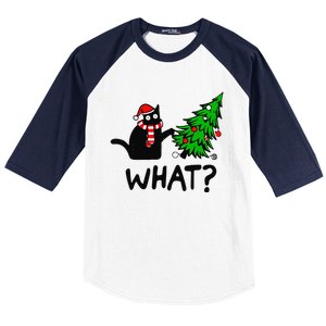 Funny Black Cat Gift Pushing Christmas Tree Over Cat What Baseball Sleeve Shirt