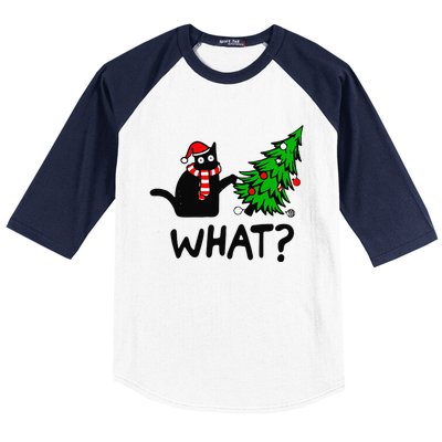 Funny Black Cat Gift Pushing Christmas Tree Over Cat What Baseball Sleeve Shirt