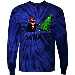 Funny Black Cat Gift Pushing Christmas Tree Over Cat What Tie-Dye Long Sleeve Shirt