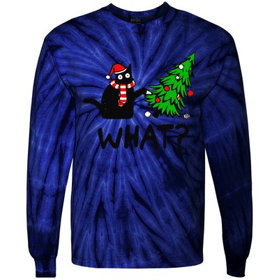 Funny Black Cat Gift Pushing Christmas Tree Over Cat What Tie-Dye Long Sleeve Shirt