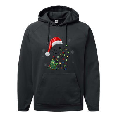 Funny Black Cat Christmas Lights Santa Hat Xmas Performance Fleece Hoodie