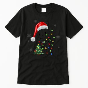 Funny Black Cat Christmas Lights Santa Hat Xmas Tall T-Shirt