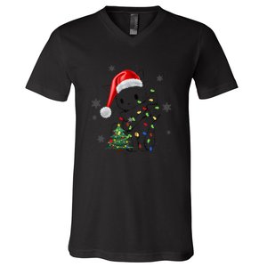 Funny Black Cat Christmas Lights Santa Hat Xmas V-Neck T-Shirt