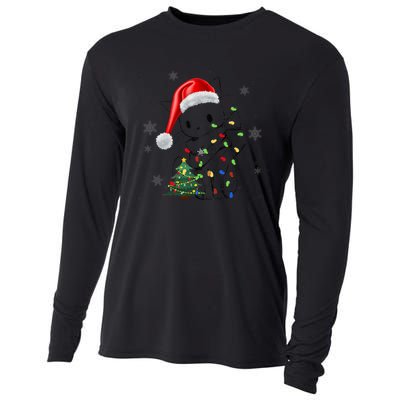 Funny Black Cat Christmas Lights Santa Hat Xmas Cooling Performance Long Sleeve Crew