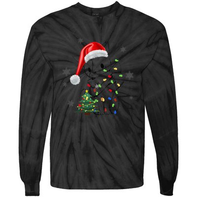 Funny Black Cat Christmas Lights Santa Hat Xmas Tie-Dye Long Sleeve Shirt