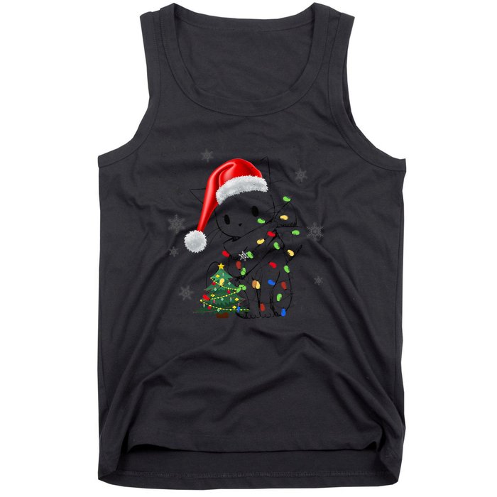 Funny Black Cat Christmas Lights Santa Hat Xmas Tank Top