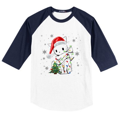 Funny Black Cat Christmas Lights Santa Hat Xmas Baseball Sleeve Shirt