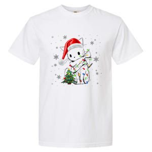 Funny Black Cat Christmas Lights Santa Hat Xmas Garment-Dyed Heavyweight T-Shirt