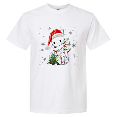 Funny Black Cat Christmas Lights Santa Hat Xmas Garment-Dyed Heavyweight T-Shirt