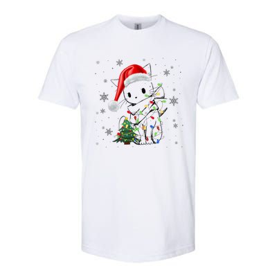 Funny Black Cat Christmas Lights Santa Hat Xmas Softstyle CVC T-Shirt